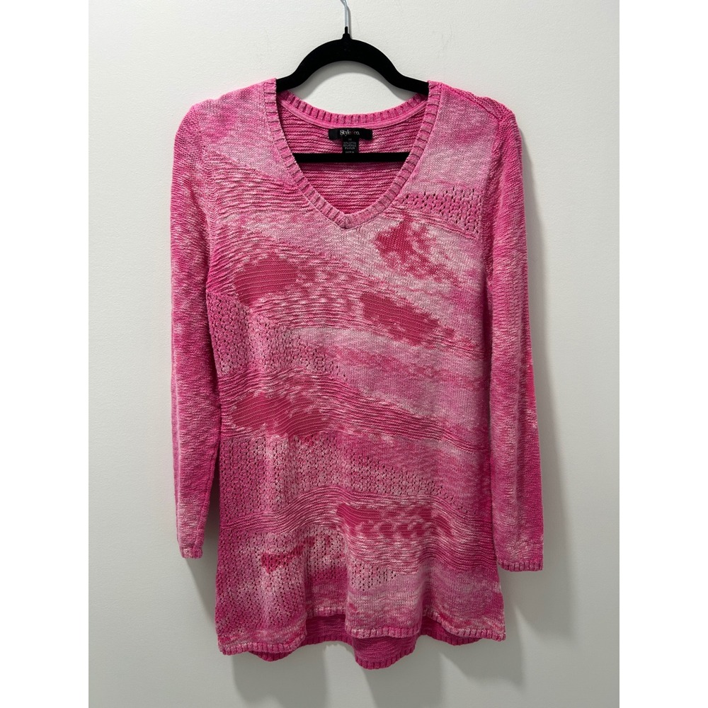 Style & Co Womens Pink Space Dye‎ V-Neck Textured Knit Sweater Size Medium